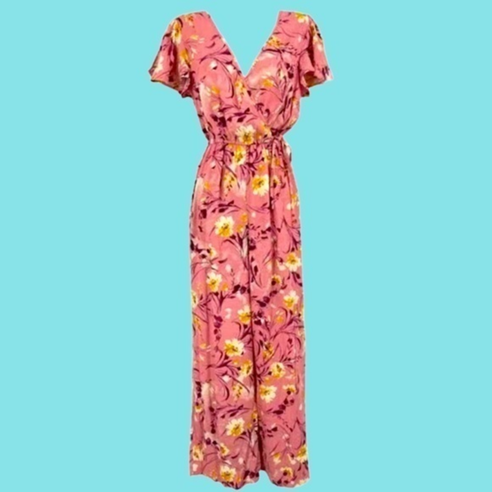 NWT B.O.G COLLECTIVE Floral‎ Wide Leg Jumpsuit Short Flutter Sleeve Size XL
